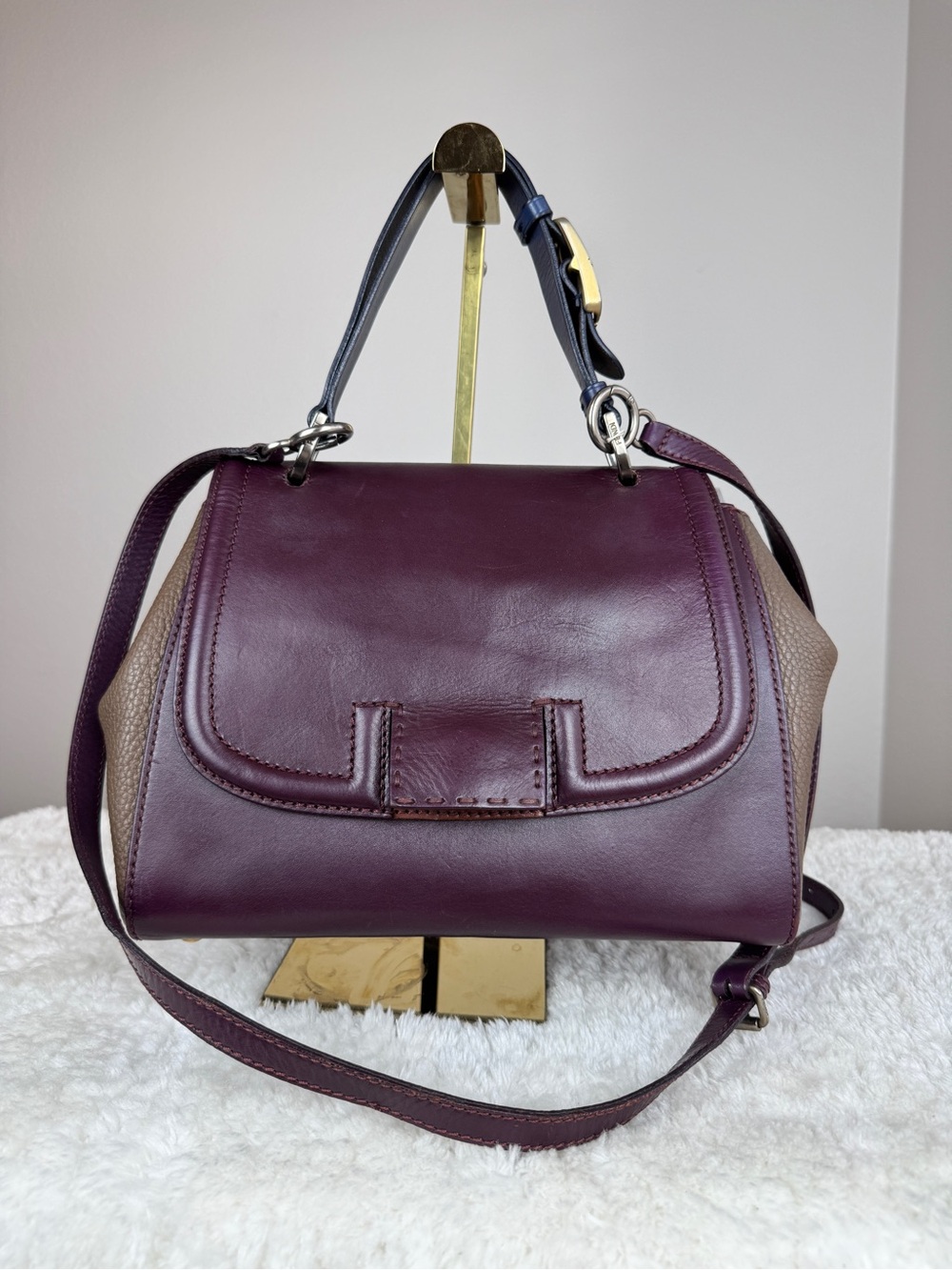 Fendi pequin silvana Leather Top-Handle Satchel in Plum and Taupe